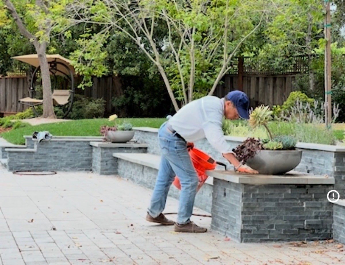 Professional landscape installation: planting succulents in concrete bowl planter on stacked stone retaining wall
